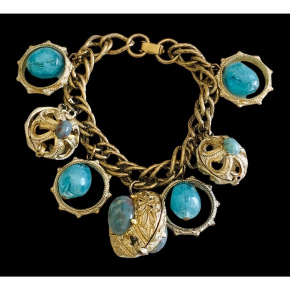 1950s Fun Vintage Blue Art Glass Crystal Pearl Chunky Charm BRACELET - Picture 8 of 9